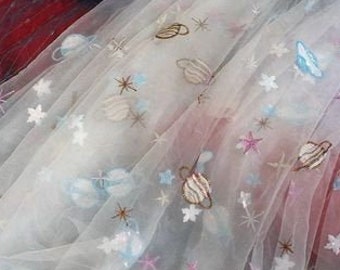 Galaxy Embroidery lace Fabric, Black Tulle Netting African Lace Fabric, Soft Tulle lace for Flower girl, Dance dress, prom Dress, By 1 yard