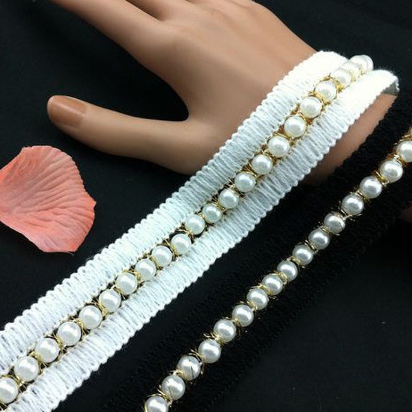 1 yard 1.18" width Beautiful Ivory Bridal Beaded Trim with Gold Thread, Pearls ribbon trim,  for Weddings, Clothing collar, Bridal Sashes