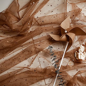 May include: Brown tulle fabric with gold glitter stars and a paper pinwheel. The fabric is draped over a book with the text "High Street Top Picks".