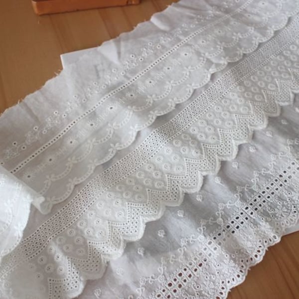Embroidery Eyelets Cotton Lace Trim in Off white, Eyelets scallop border trim, bridal trim, Wide cotton lace trim for Baby dress, Hem,1 yard