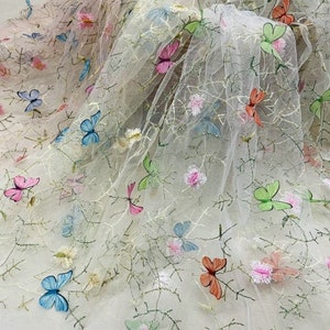 Colorful 3D Butterflies Overlay tulle lace fabric, Soft Embroidery Flowers Fabric For Skirt, Tutu, Garden Dress, Flower girl, Toddle, 1 yard