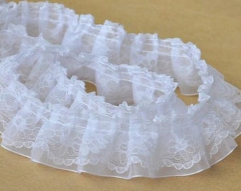 Off White Ruffled Lace Ribbon Trim, Narrow Pleated lace trim for Bridal, Baby Collar, Wedding, Couture, Costume, DIY Crafts, By 2 yards