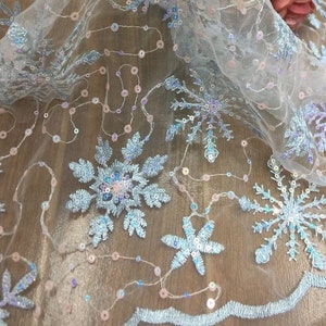 Gefrorene blaue Schneeflocke Pailletten Tüll Spitzenstoff, Schneeflocken-Overlay für Prinzessin Kleid, Partykleid, Geburtstagsabschlussball, Cosplay, Weihnachten, 1 Yard