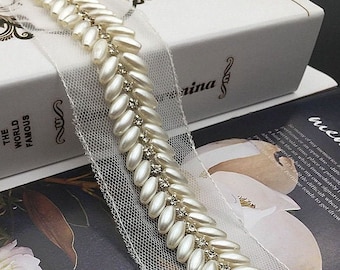 Gorgeous Ivory Pearls Beaded Trim, Crystal Beaded Shiny Trim for Bridal Belts, Sashes Trim, Wedding Supply, Costume Design, By 1 Yard