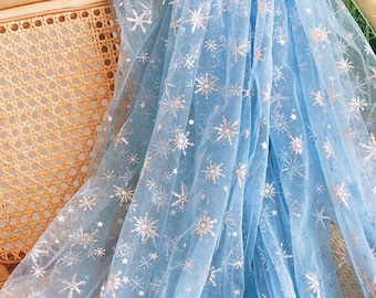 Frozen Print Silver Snowflake Tulle lace fabric, Sheer Mesh lace For Princess Gown, Party Dress, Birthday Prom, Cosplay, Christmas,By 1 yard