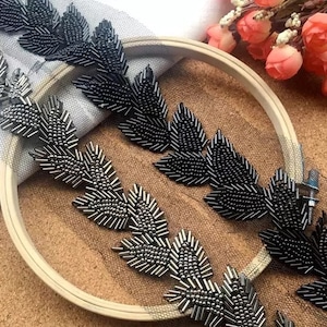Beaded Trim / Beading Leaf trail Trim / Bridal Sash Trim / Wedding Gown Lace / Bead Strip / Jewelry Trim / Sari Border Sell by 1 pcs, 1.7 M