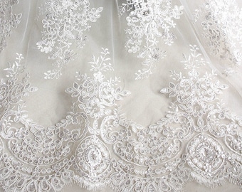 Luxury Ivory Alencon Lace Fabric, Embroidery Bridal Lace Fabric, Wedding Gown Lace, Cord Lace Fabric French Bridal Lace, 1 yard