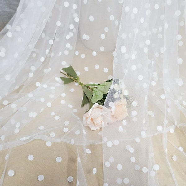 Super Soft Tulle Polka Dot Lace Fabric in Off White, Airy flocking dots For Wedding Veil Supply, Bridal Gown, By 1 Yard