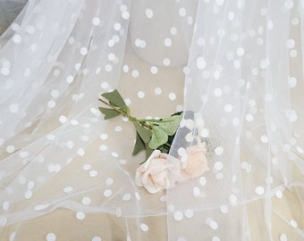 Super Soft Tulle Polka Dot Lace Fabric in Off White, Airy flocking dots For Wedding Veil Supply, Bridal Gown, By 1 Yard