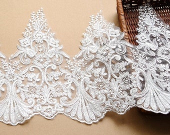 NEW - Alencon Floral Lace in Off white, Lace Trim with Scalloped Edging for Wedding Dress Veils Bridal Accessories, by 1 yard