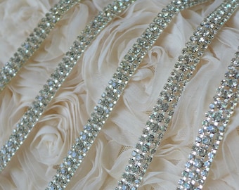3 Rows Rhinestone Chain Trim, Close Chain, Silver Cup Setting for wedding Cakes, Boot Jewelry, Craft embellishment, By 1 Yard