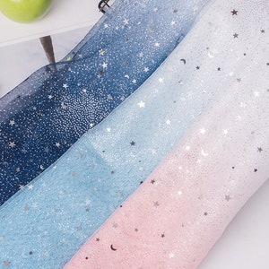 Stunning Galaxy Stars Ombre Tulle lace fabric, Light Blue White Gradient Lace For Prom, Pageant Gown, Princess Dress, Wedding Veil, 1 Yard