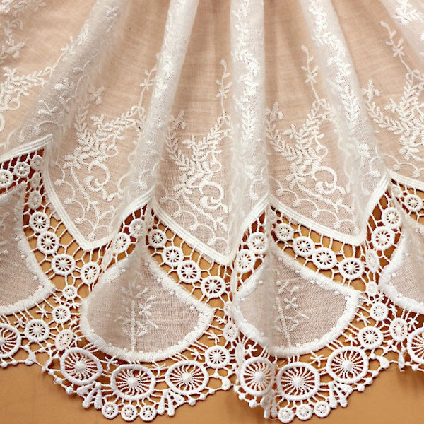 Vintage Cotton Eyelet Flower Lace Fabric in Off white, Scallop Borders Fabric for Boho Dress, Wedding Dress, Lace Top, Piano cover, 1 yard