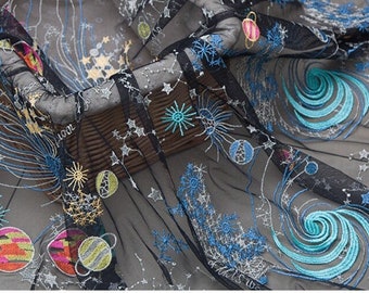 Exquisite Galaxy Tulle Lace Fabric, Multi Color Embroidery Cosmos