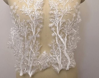 Applique de dentelle délicate de branche de feuille, Applique de dentelle de paire de miroir, Applique de corsage de mariée pour robe de bal, robe de fête, robe de mariée, par 1 paire