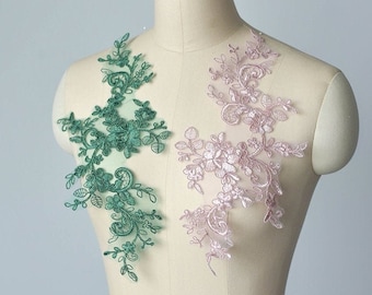 Mirror Pair Alencon Corded Lace Applique, Venice Bodice Lace Applique, Embroidery floral Applique for Prom, Ball Gown, Wedding, DIY, 1 pair