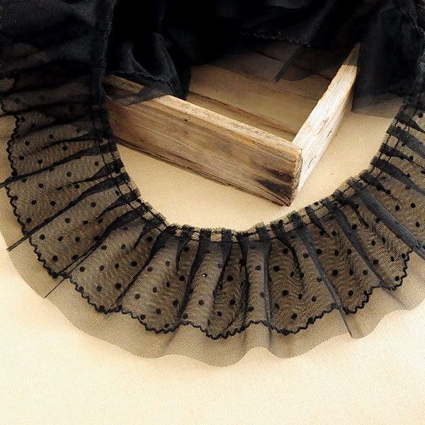 2 Layers Black Mesh Lace Trim, polka Dotted Trim, Ruffled lace trim for Custom Doll, Dress, Millinery, Doll's Dress, By 2 Yards