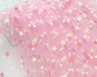 Rainbow Polka Dots Mesh Tulle Fabric, Print Mice Stars Polka Dots lace Fabric For Tutu Dress, Cupcake dress, Flower girl dress, By 2 yards