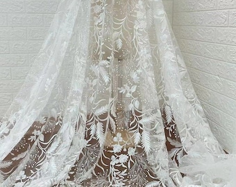 Magnifique tissu de dentelle de broderie florale, tissu de tulle superposé de feuilles pour robe de mariée, robe de mariée, robe Boho de plage, mariage sur pelouse, par 1 yard