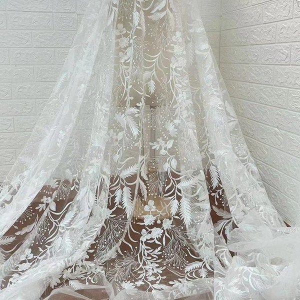 Gorgeous Floral Embroidery Lace Fabric, Leaf Overlay Tulle Fabric For Wedding gown, Bridal Dress, Beach Boho Gown, Lawn wedding,  By 1 Yard