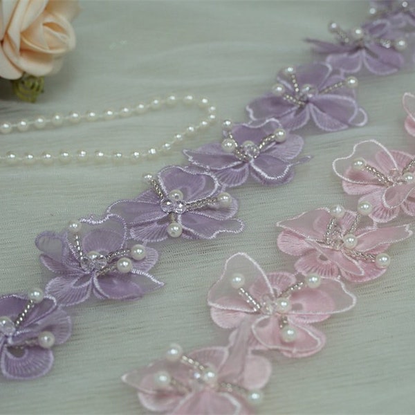 Premium Organza 3D Flowers Lace Trim, Multi layers Pearls Tassel trim for Custom Strap, Toddle, Wedding Dress, Flower Girl, By 1 Yard
