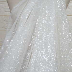 Clear sequins Embroidery Fabric, Sequined Mesh Lace in Off white For Wedding event, Bridal Gown, Evening wear, by 1 yard