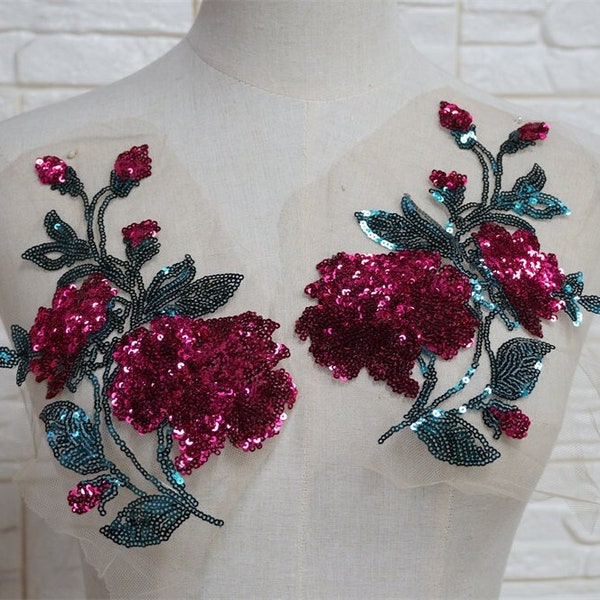 Rose Embroidery sequined applique, Bodice Applique sequins Mesh patch for Lyrical Dance costume, Competition Dress Design, 1 Pair