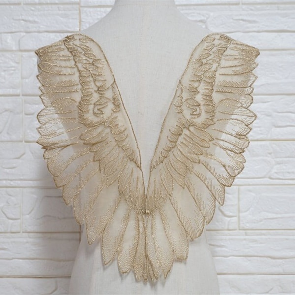 Organza Wings Lace Applique in Gold , Sheer Angel Wings Lace Applique, Embroidery pair For Dance Dress, Costume, Clothing