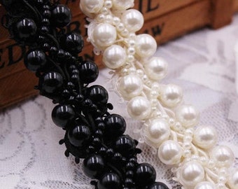 Ivory Cross Faux Pearls beaded lace trim, Bridal Sash Belt Trim, Decorative Ribbon Sewing Fabric Trim, Crafting Costume Trimming, By 1 Yard