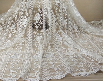 Stripe Floral Embroidery tulle lace fabric in Off White, Flower applique For Prom Dress, Wedding Gown, Curtain Supply, Bridal,  By 1 Yard