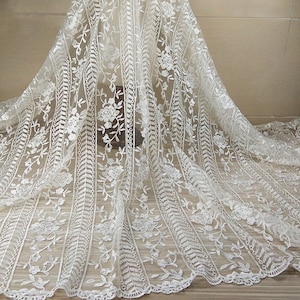 Streifen Blumenstickerei Tüllspitze Stoff in Off White, Blumenapplikation für Abschlussballkleid, Hochzeitskleid, Vorhang Versorgung, Braut, durch 1 Yard