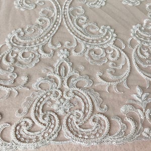 Pearls Beaded Fabric, Ivory Wedding Lace, Heavy Embroidery Lace, Retro Bridal Lace Fabric, By 1 Yard