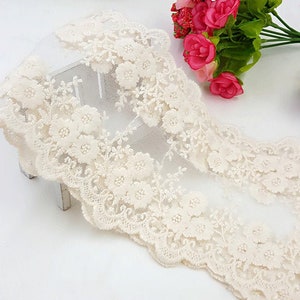 Vintage Cotton Floral Tulle Lace Trim, Beige Embroidery  trim for Bows, Cakes, Jewelry, Bridal Supplies, Toddler Dress, Lolita, By 1 Yard