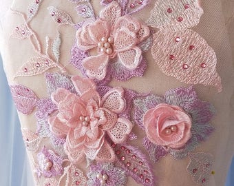 3d flowers wedding lace applique, sequins lace, bridal headpiece applique, beaded lace applique, by 1 Pair