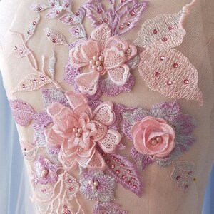 3d flowers wedding lace applique, sequins lace, bridal headpiece applique, beaded lace applique, by 1 Pair