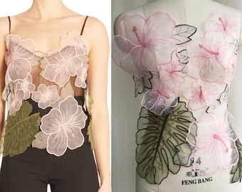 Lace Applique, Organza Flower, Pink Flower Green Leaf, Organza