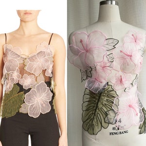 Lace Applique, Organza flower, Pink flower green leaf, Organza flower lace applique, one set