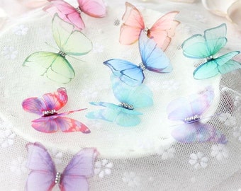 Crystal Beaded 3D Butterflies Applique, Vivid Ombre Papillon Flying Applique for Bridal Gown, Earring Design, Necklace, Headband, Sash Belt