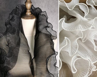 Black Gleam Ruffled Organza Lace Trim, Single Layer Shimmer pleated Trim For Costume Design, Sleeve, Fashion show, Houte Couture