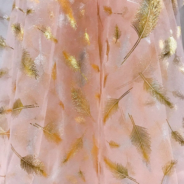 Fairy Print Gold Feathers Tulle lace Fabric, Mesh Lace Fabric For Bridal Dress, Prom, Pageant Gown, Toddle, Lyric Dance Dress, Veil