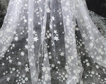 Gorgeous Glitter Stars Overlay Tulle Fabric, Silver Stars fabric for Party Decor, Evening Wear, Prom Gown, Bridal Veil, Wedding Dress,1 Yard