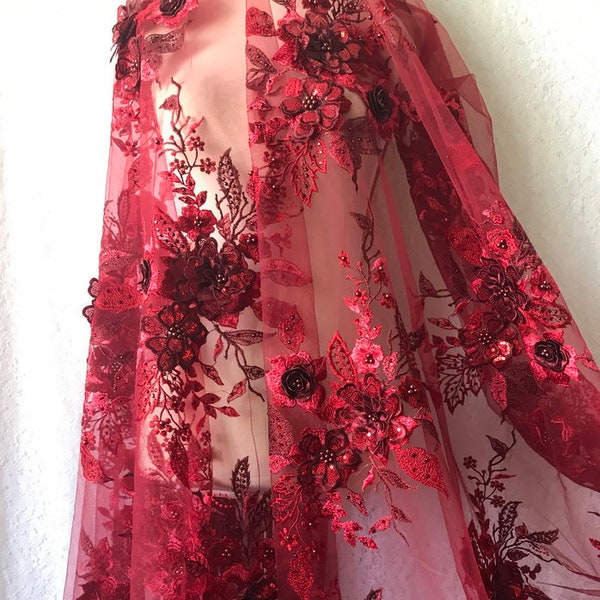 Lace Fabric 3D Flower Beaded Applique Bridal Lace Fabric in Dark Red for Evening Dress, Wedding Accessories, Apparel, by 1 Yard