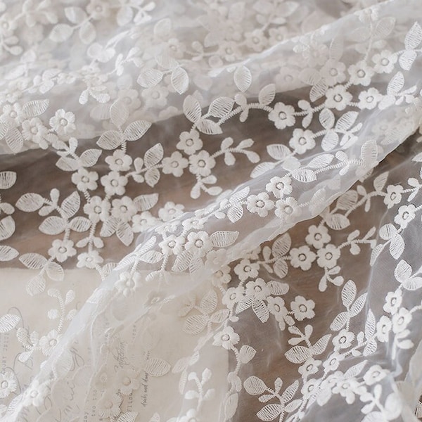 Dentelle organza brodée florale en coton beige, tissu voile de mariée, tissu floral organza, fournitures de couture tissu pour rideaux, robe de bal de promo