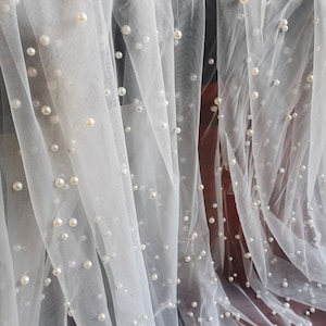 Super Wide 3 Meters Nylon Tulle, Big & Small Pearls Beaded Tulle Lace Fabric For Bridal Veil, Photograph, Wedding Arch Decor, by 1 Yard