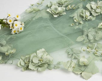 Tela de encaje nupcial con bordado floral 3D de cuento de hadas, apliques de flores de satén con cuentas para vestidos de noche, vestidos formales, vestidos de princesa, 1 yarda