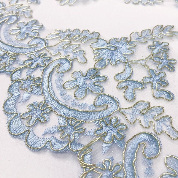 Light Blue Alencon Embroidery Gold Corded lace Trim For Bridal lace scalloped trim, Blusher Lace Veil, Mantilla Veil, Lace shawl for prayer