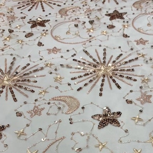 Galaxy Sparkle Sequins Stars lace fabric, White tulle + Silver Sequins beaded tulle fabric for prom, wedding gown, tutu dress, party, 1 yard