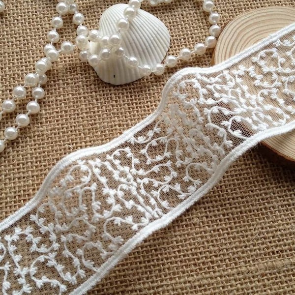 Off White Cotton Embroidery Tulle Lace Trim for Jewelry Supplies, Bridal Supplies, By 2 Yards