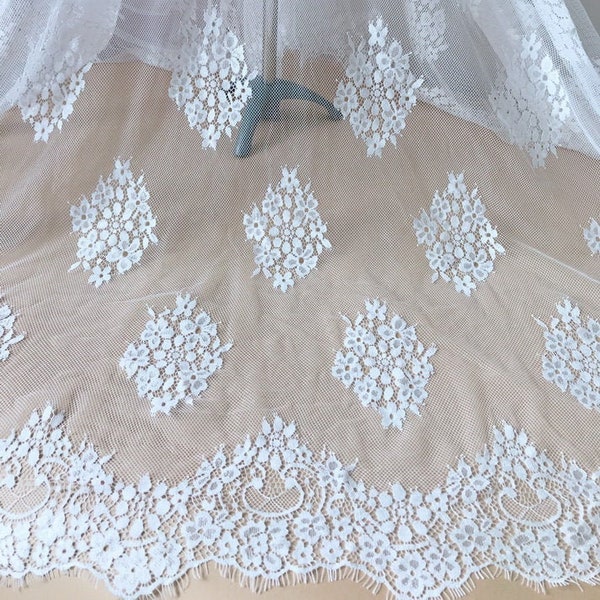French Chantilly lace in off white, Scalloped Eyelash Lace, Rhombus Floral lace for Bridal dress, bridesmaid robes, veils, Lingerie