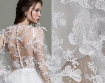 Tessuto in pizzo di tulle con farfalle 3D Illusion in bianco sporco, pizzo ricamato in tulle trasparente per abito da sposa, abito da ballo, alta moda, da 1 iarda